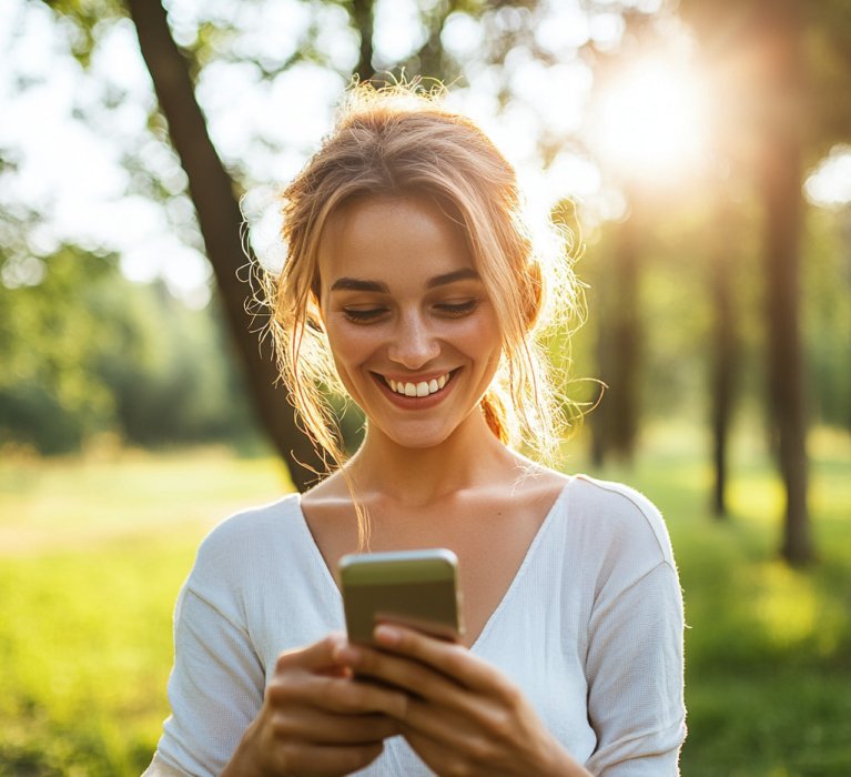 Eine Frau liest eine Nachricht auf ihrem Handy
